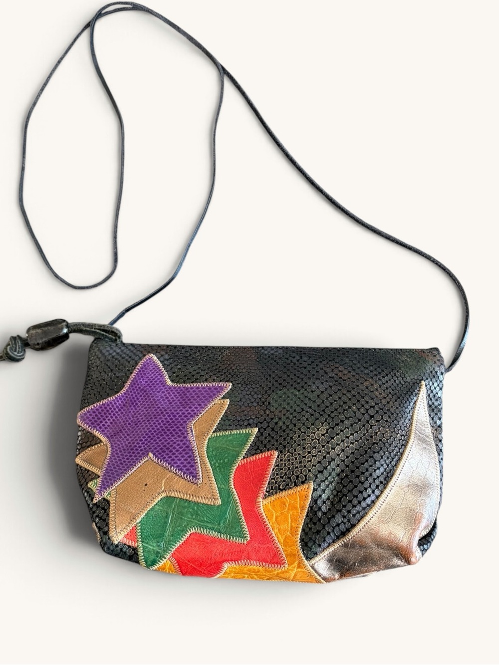 Vintage 80s Sharif Crossbody Bag Abstract Applique Black Multicolor Snakeskin